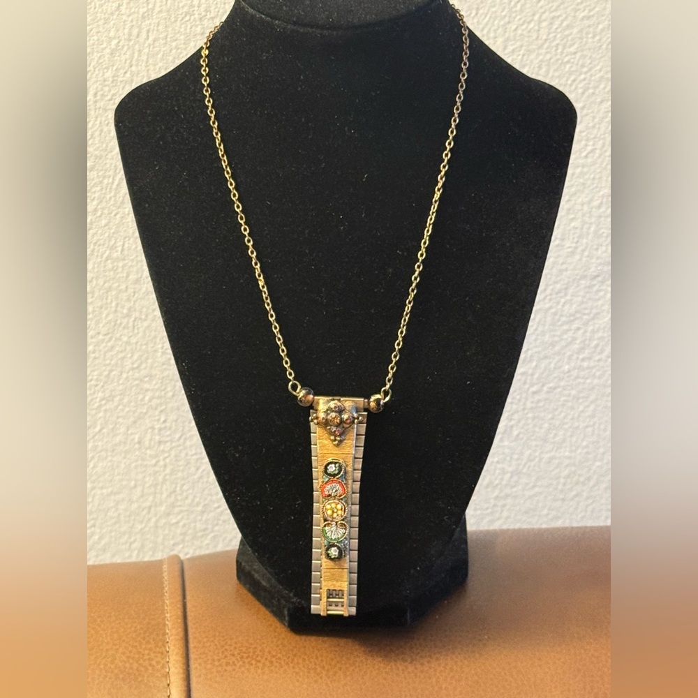Artisan boho multi-Metal floral panel micro mosaic pendant necklace